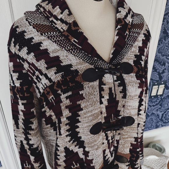 Long cardigan duster sweater - Fringe, Southwest, Aztec print -Lg to XL - Picture 4 of 12